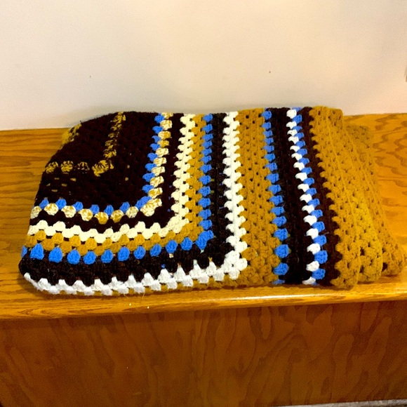 Vintage Crochet Knitted Throw Blanket | Mustard Yellow Blue & Brown Decor Colors - Picture 3 of 8